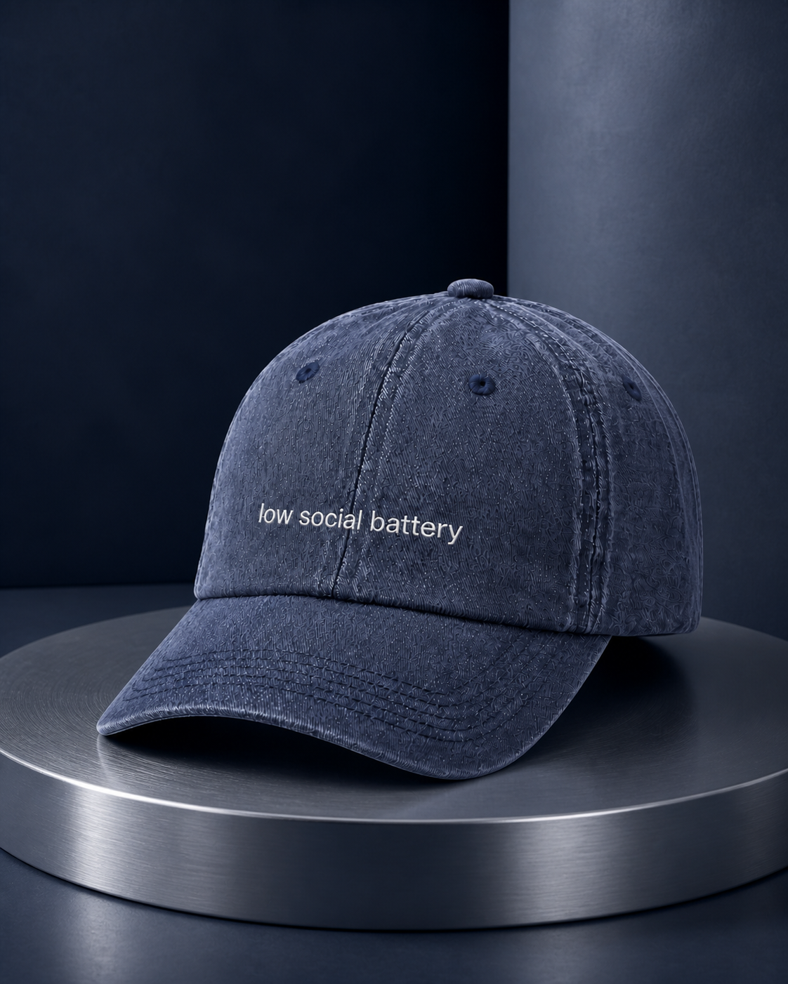 Low Social Battery cap in navy — washed cotton dad hat with “low social battery” embroidered in white, product shot