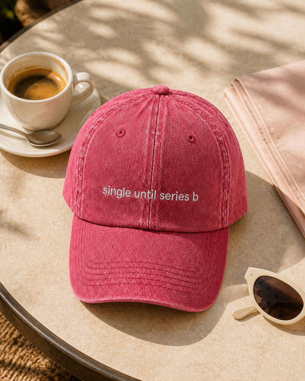 A dusty rose pink baseball cap with the embroidered text 'single until series b' on the front, styled on a beige table next to a cup of coffee, sunglasses, and a pink napkin.