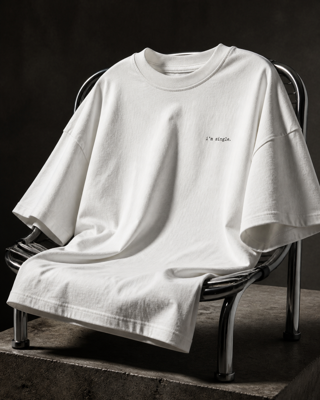 A white oversized short-sleeve t-shirt with 'i'm single.' printed in black on the left chest, draped over a metal chair on a concrete platform against a dark textured background.