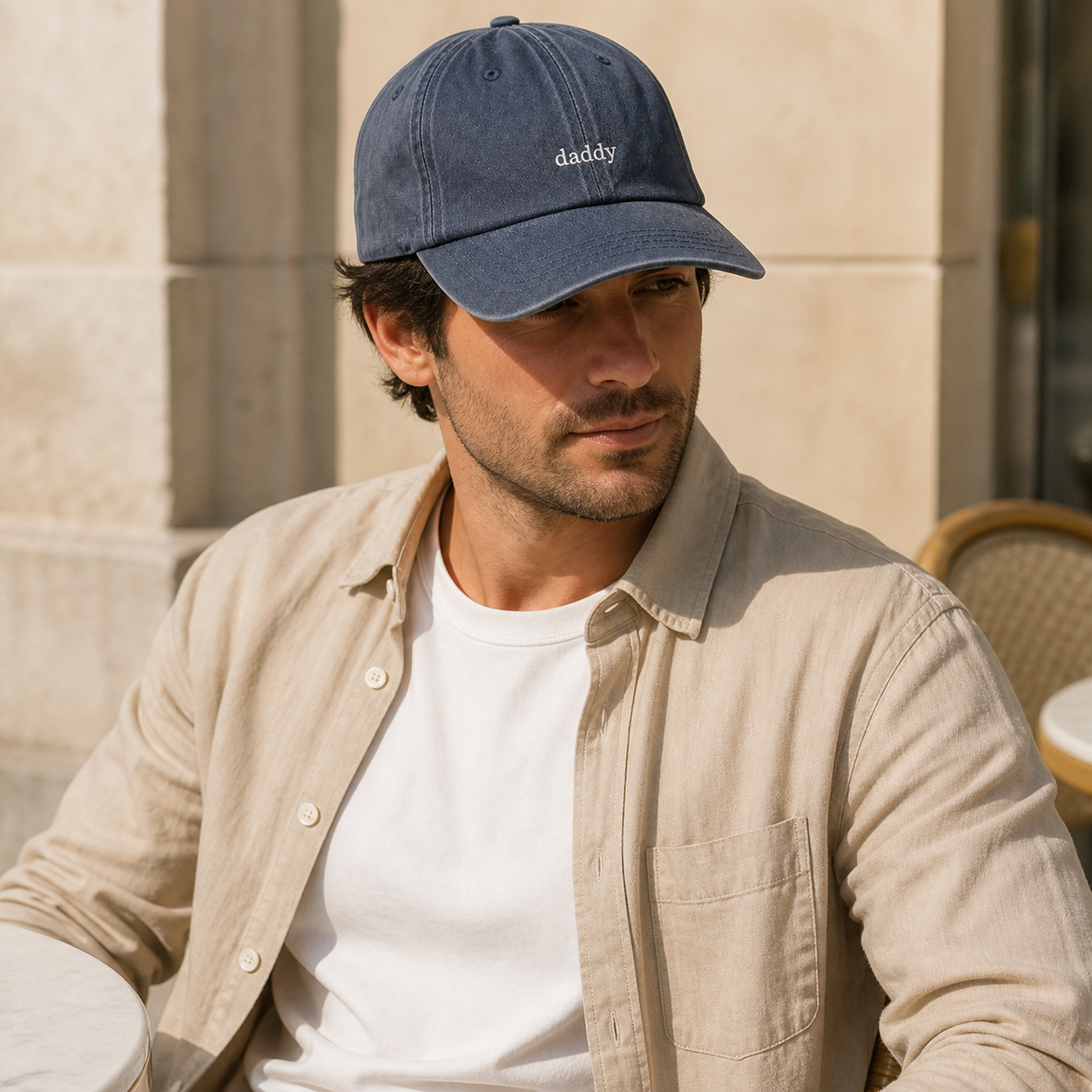 A man wearing a navy blue dad hat with 'daddy' embroidered in white on the front, styled with a beige linen button-up shirt over a white t-shirt, seated outdoors against a beige stone wall.