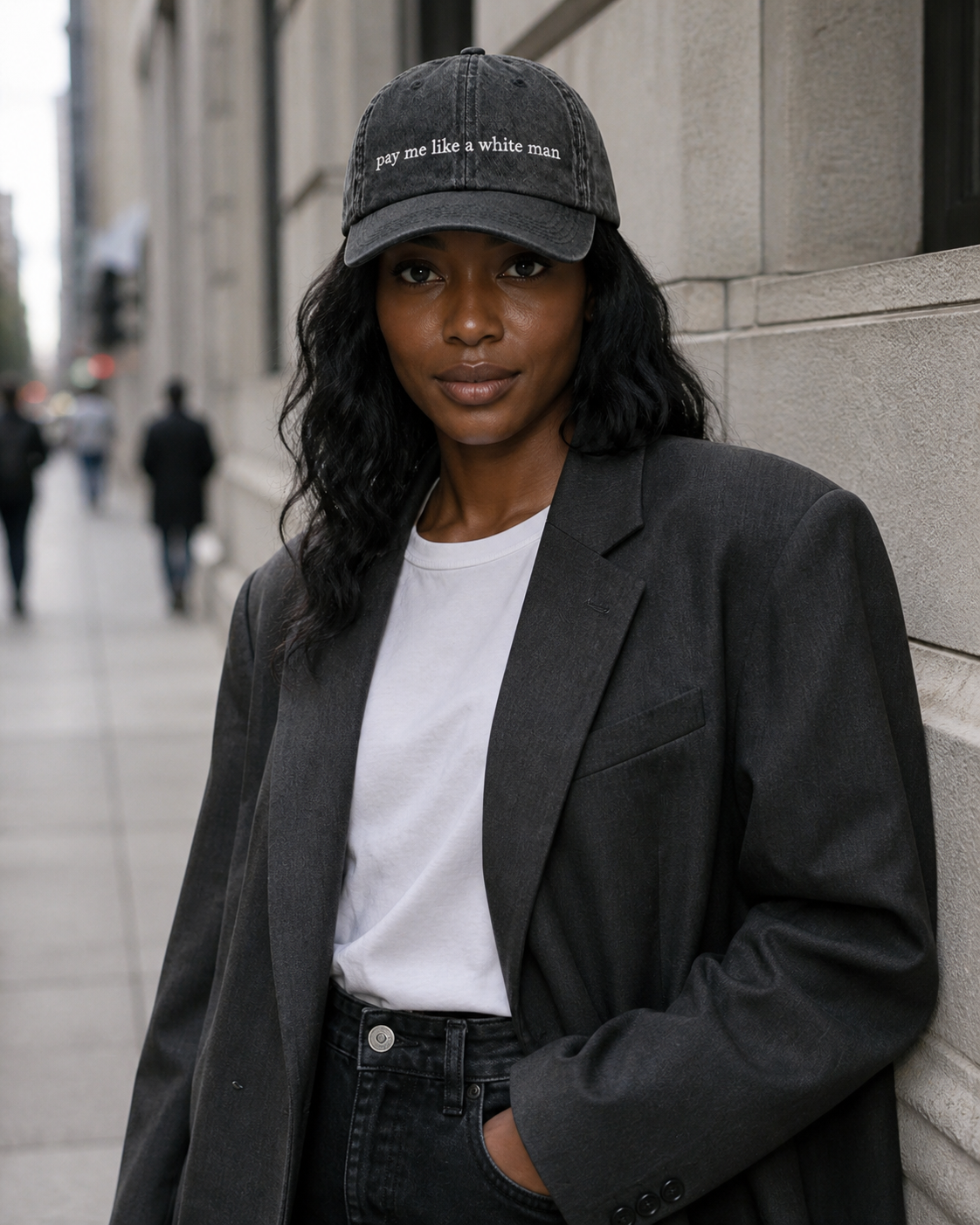 Pay Me Like A White Man cap — washed cotton dad hat with “pay me like a white man” embroidered in white, worn
