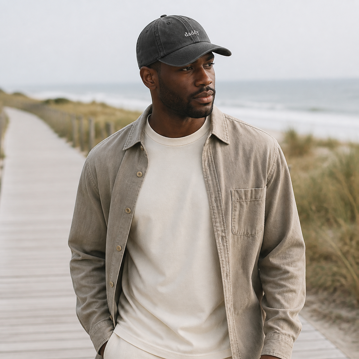 A man wearing a dark gray embroidered baseball cap, a beige overshirt over a cream t-shirt, standing on a wooden boardwalk with a beach and dunes in the background.
