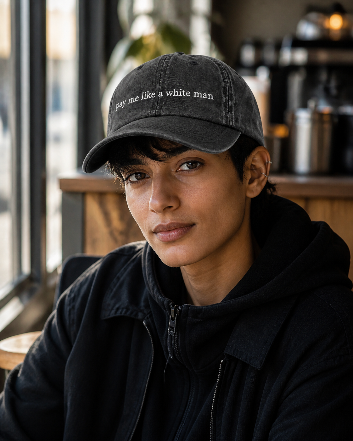 Pay Me Like A White Man cap — washed cotton dad hat with “pay me like a white man” embroidered in white, worn