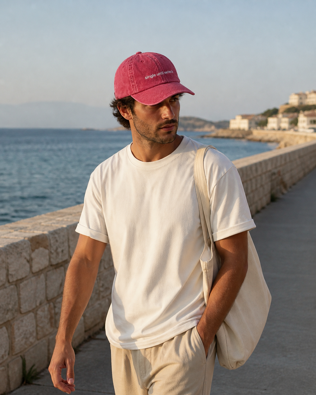 A man walking along a seaside path wearing a pink baseball cap with white embroidered text, a plain white t-shirt, beige pants, and carrying a large cream canvas shoulder bag.
