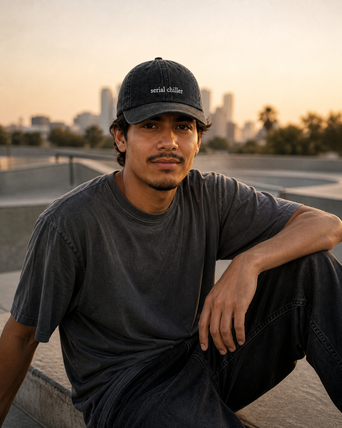 A man wearing a black baseball cap with 'social chillers.' embroidered in white, a faded black t-shirt, and black jeans, sitting at a concrete skatepark during golden hour with a city skyline in the background.