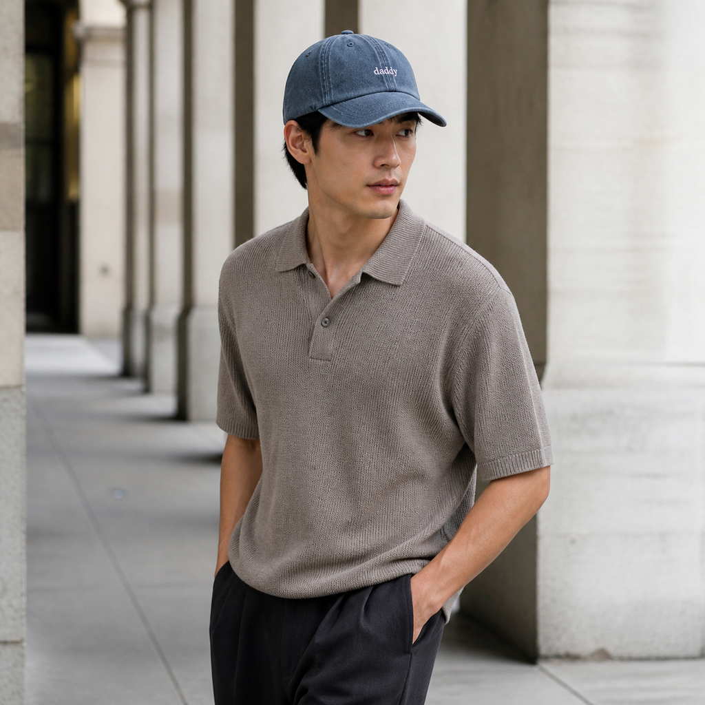 A man wearing a slate blue baseball cap with 'd&b&' embroidered on the front, a taupe short-sleeve knit polo shirt, and dark trousers, standing in a modern outdoor walkway with columns.