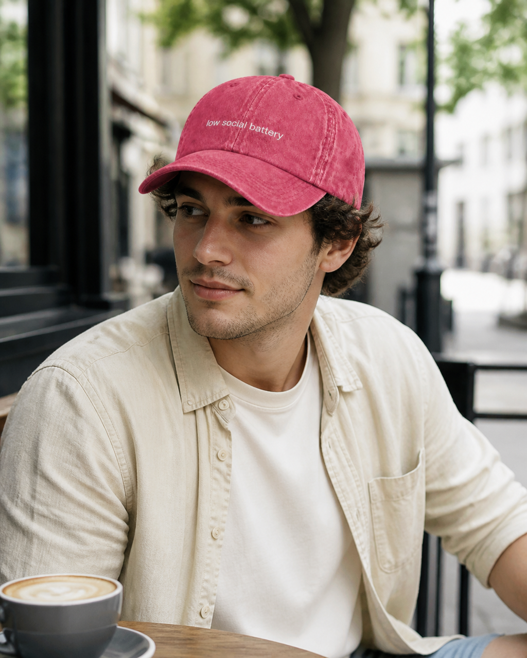 Low Social Battery cap in dark pink — washed cotton dad hat with “low social battery” embroidered in white, worn