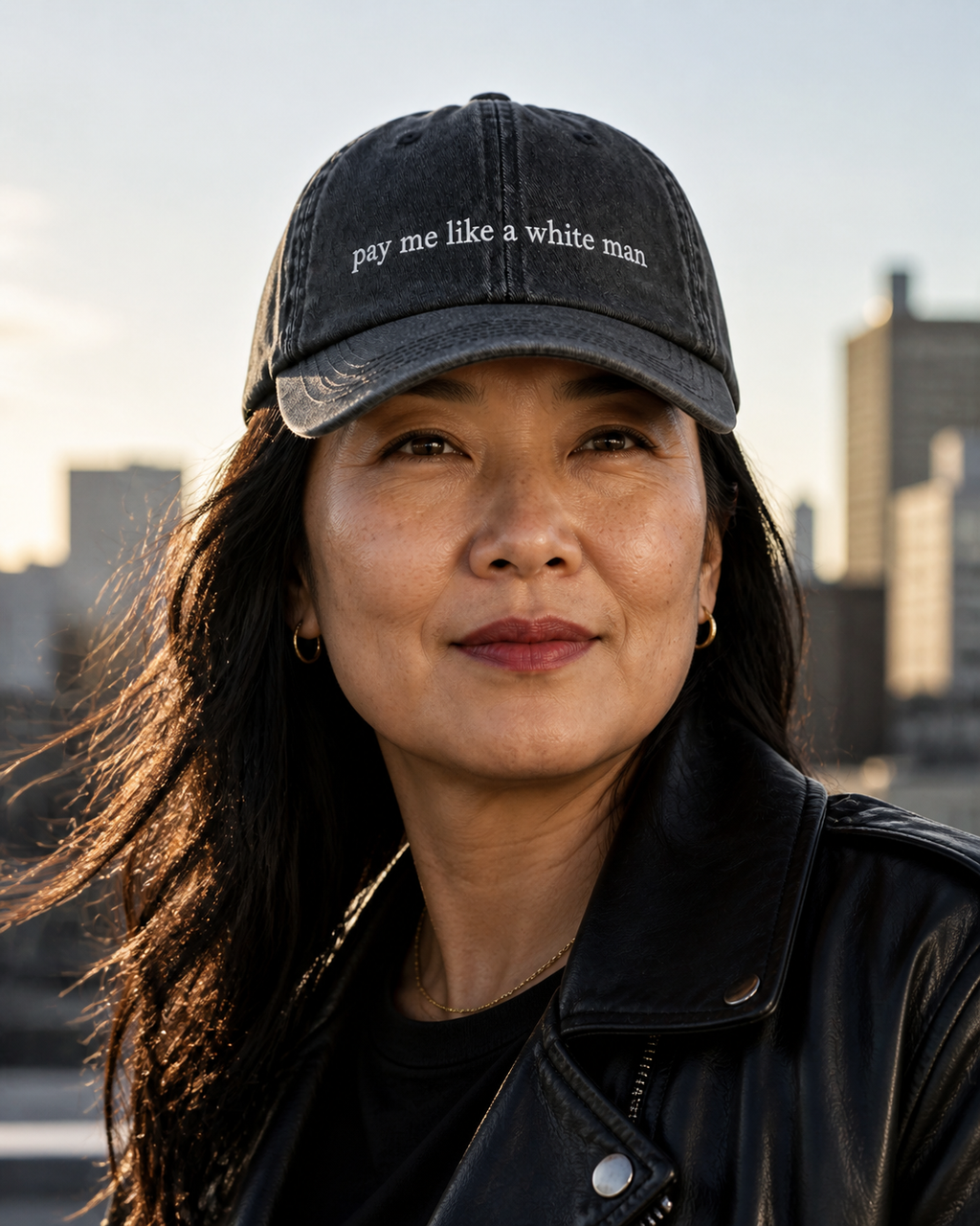 Pay Me Like A White Man cap — washed cotton dad hat with “pay me like a white man” embroidered in white, worn