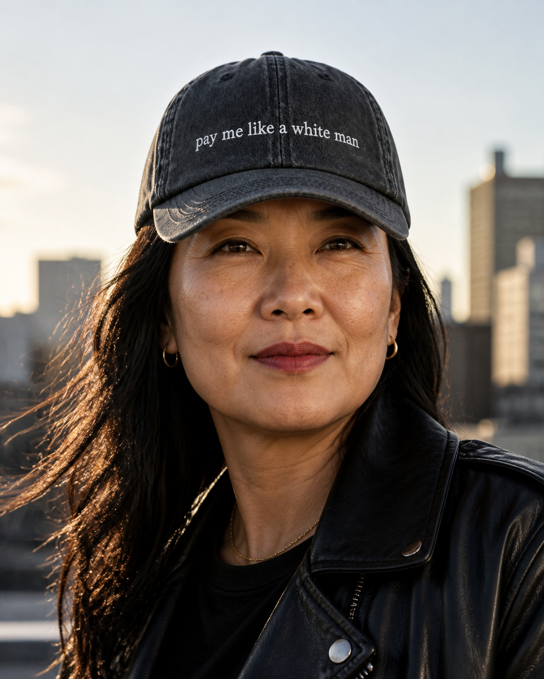 Pay Me Like A White Man cap — washed cotton dad hat with “pay me like a white man” embroidered in white, worn