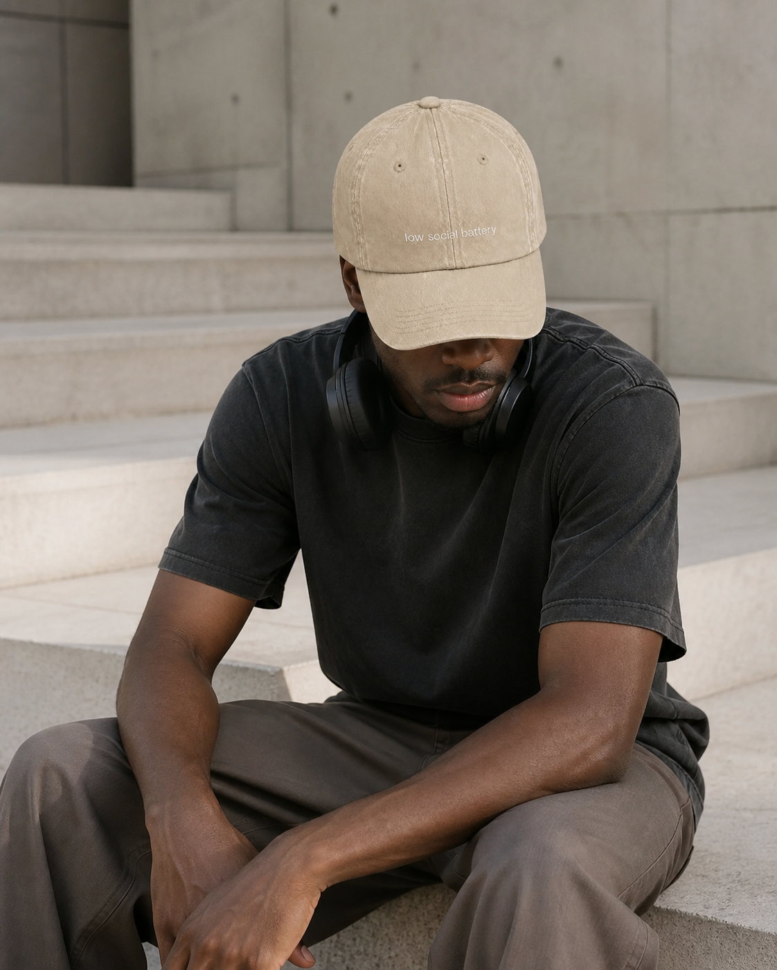A person wearing a beige baseball cap embroidered with 'low social battery' in white, sitting on concrete steps.