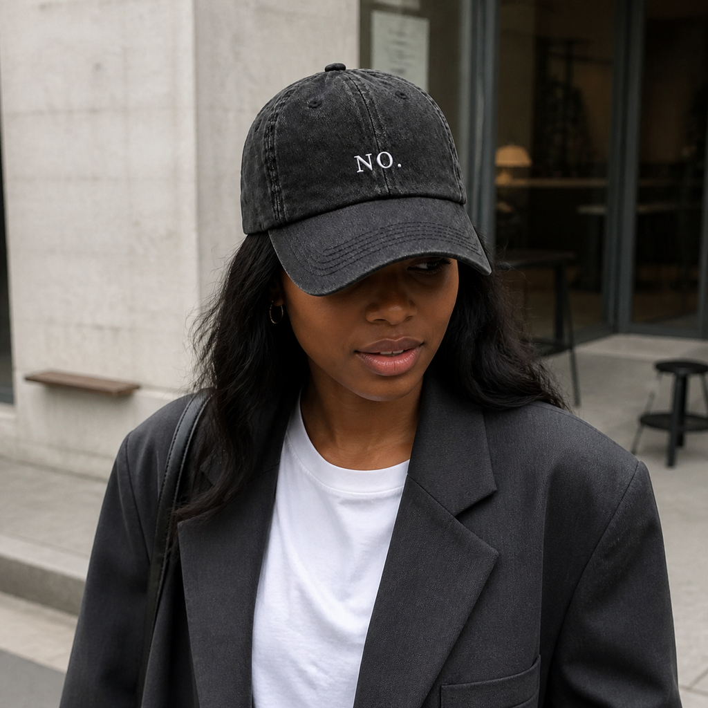 A woman in a charcoal blazer and white tee wearing the washed black 'NO.' cap on a city street outside a cafe.