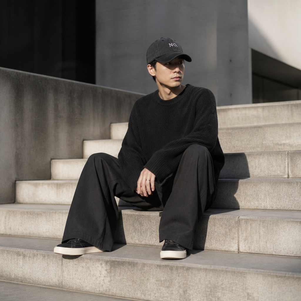 A man dressed head to toe in black wearing the washed black 'NO.' cap, seated on concrete gallery steps in hard sunlight.
