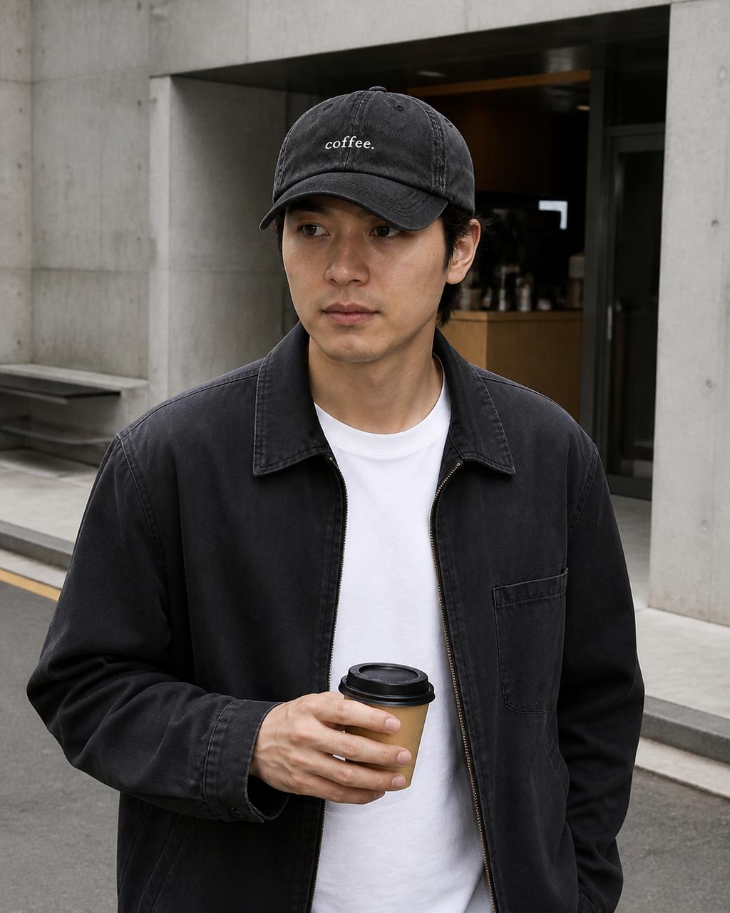 A man in a black work jacket wearing the washed black 'coffee.' cap and carrying a takeaway coffee past a concrete building.