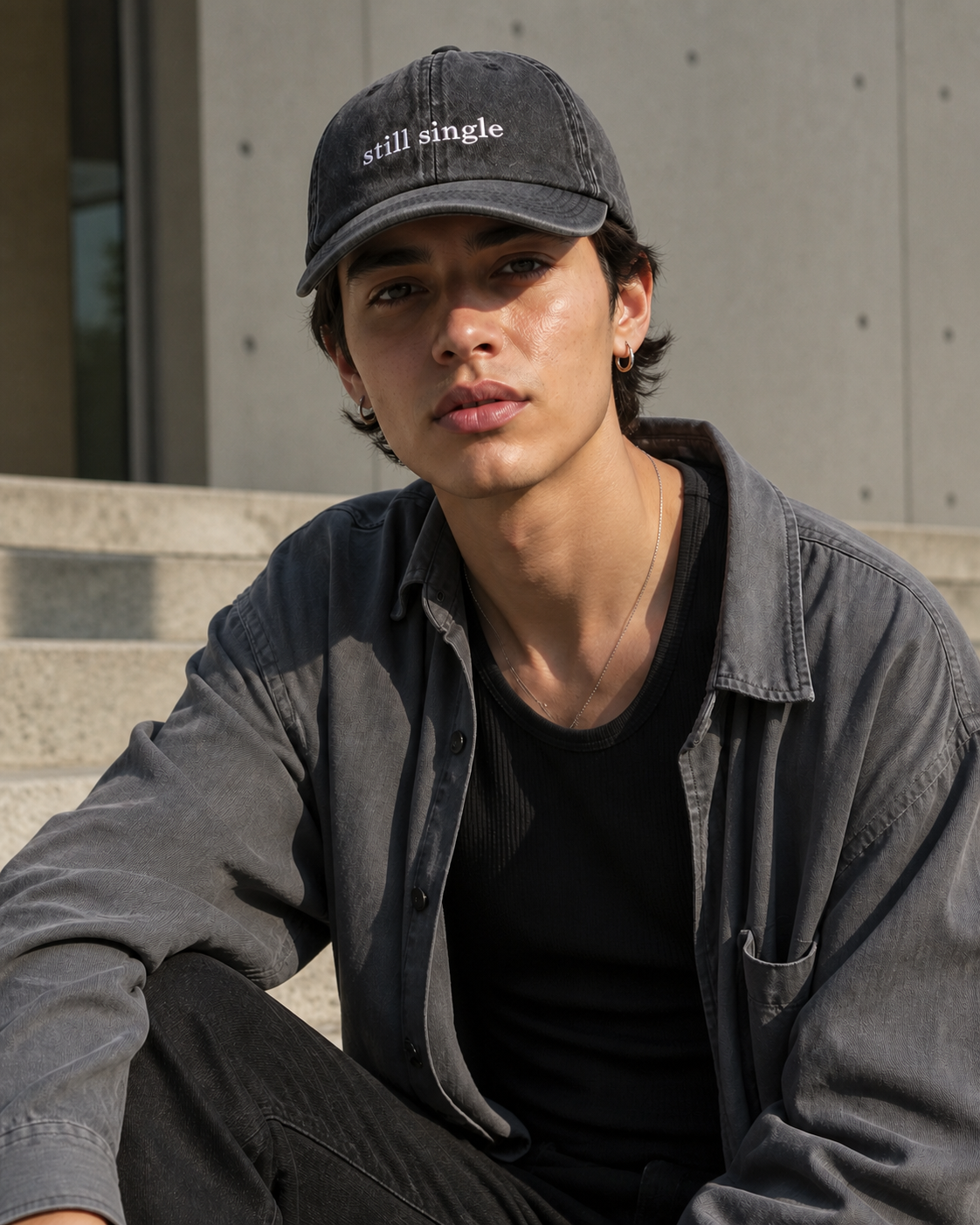 A person wearing a washed black baseball cap embroidered with 'still single' in white, sitting on sunlit concrete steps.