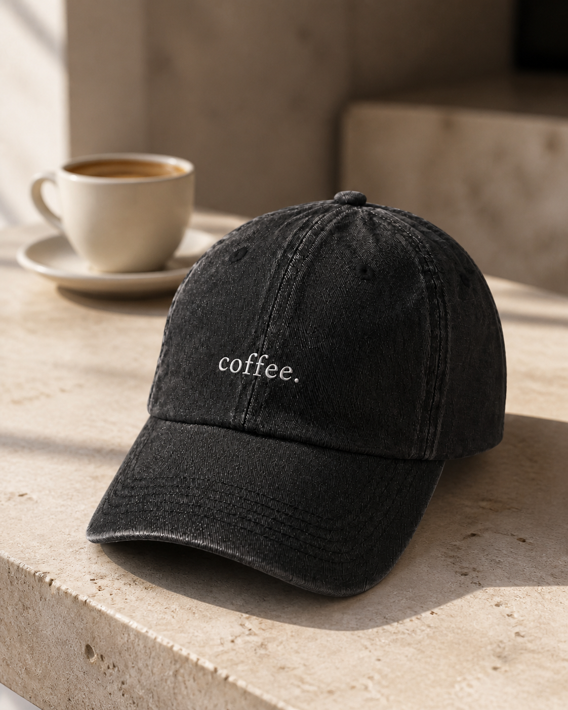 The washed black 'coffee.' cap on a travertine ledge beside a white cup of coffee.