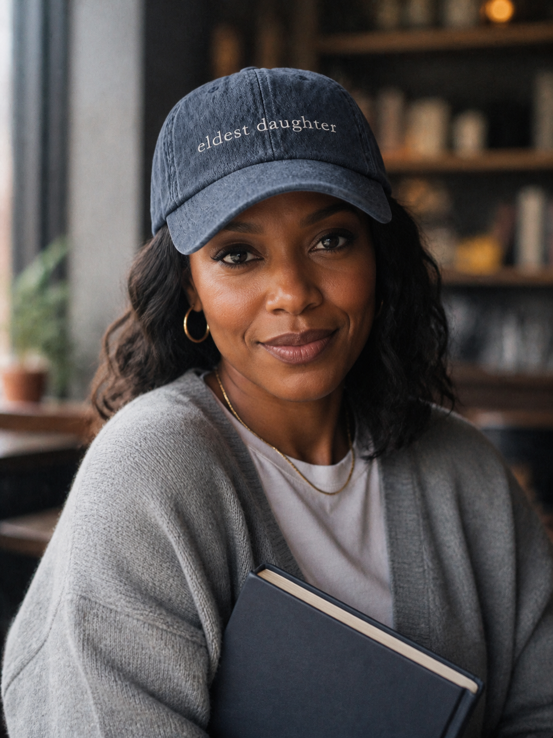 A woman in a black leather jacket holding a coffee cup and wearing the washed navy 'eldest daughter' cap at a cafe terrace.
