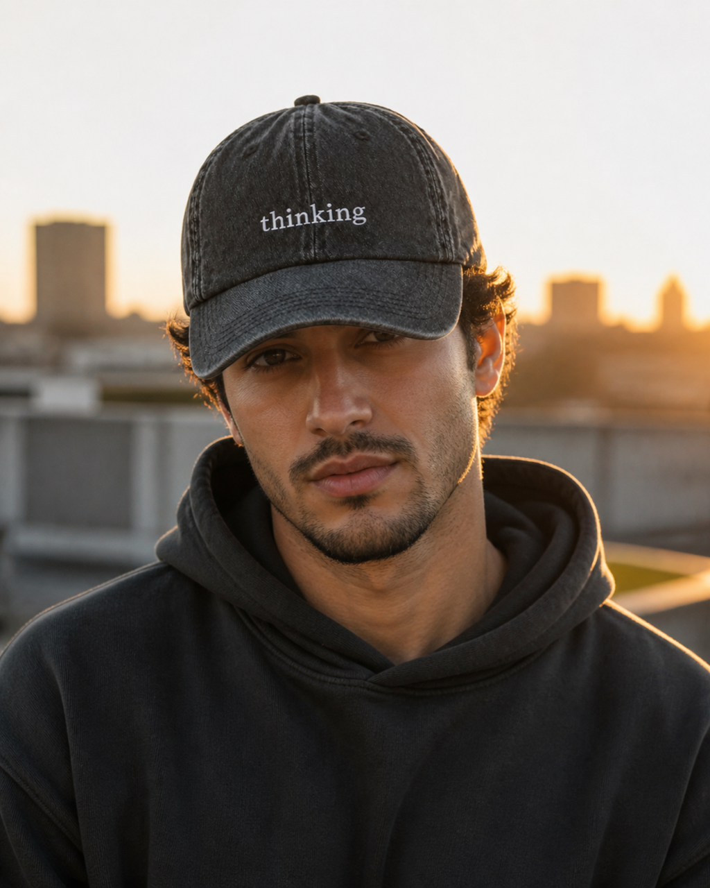 A man in a dark hooded sweatshirt wearing the washed black 'thinking' cap on a rooftop at sunset, city skyline behind him.