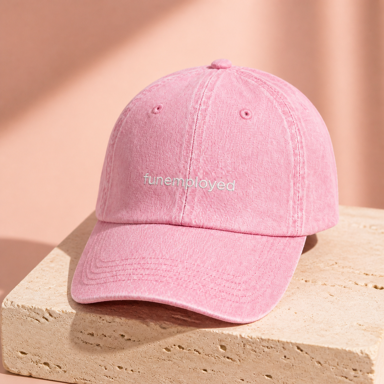 Funemployed cap in Pink — embroidered washed cotton dad hat