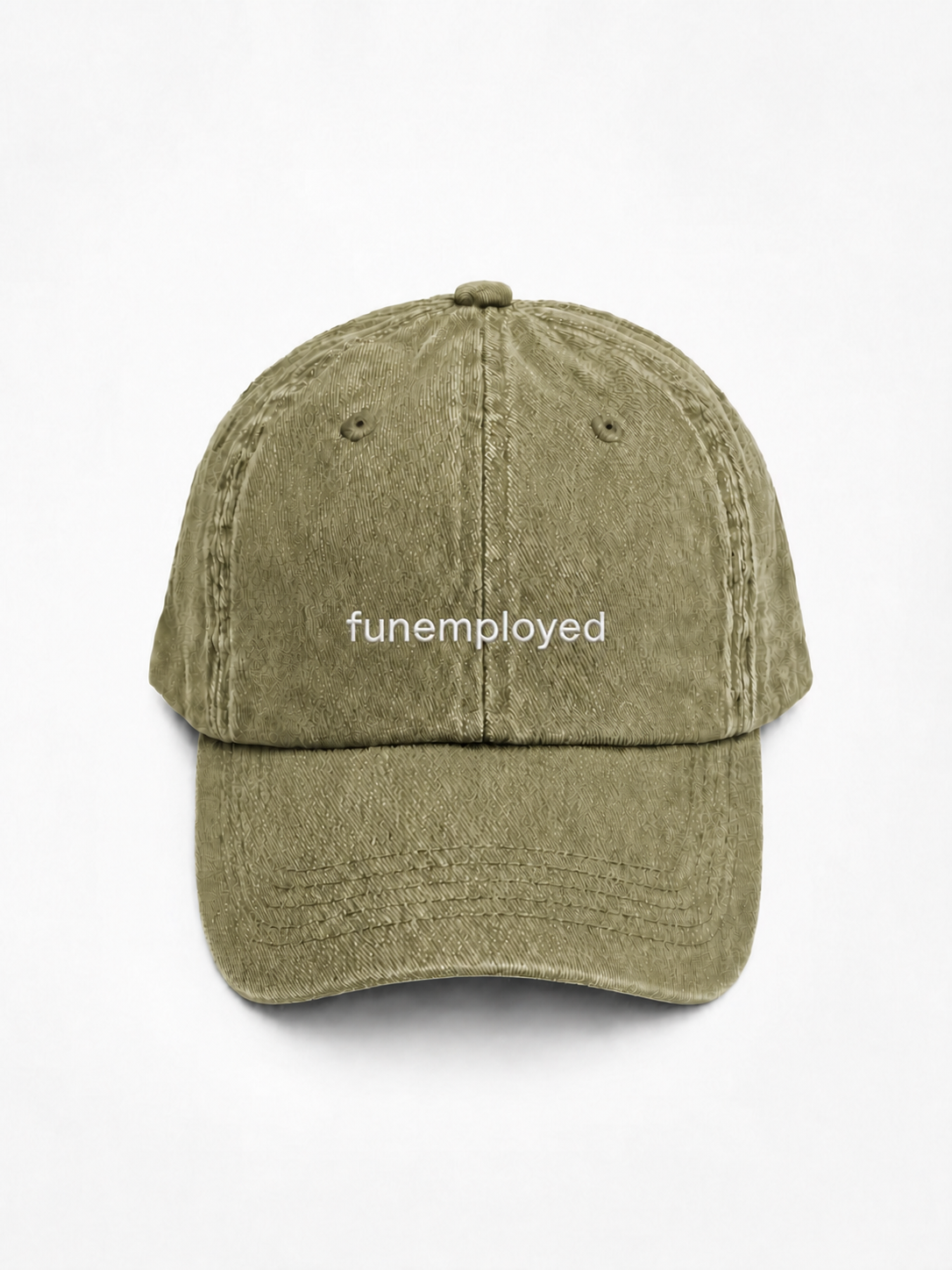 An olive green washed cotton baseball cap with the word 'funemployed' printed in white lowercase letters across the front, shown against a plain white background.