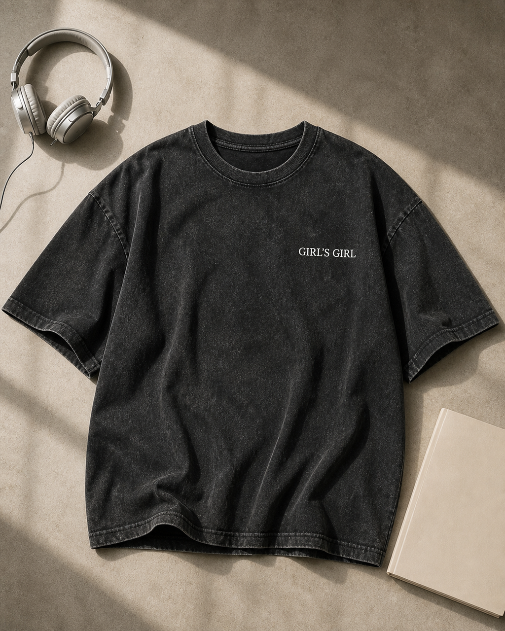 Washed black GIRL'S GIRL t-shirt laid flat on a warm sand-coloured surface beside cream headphones and a linen notebook.
