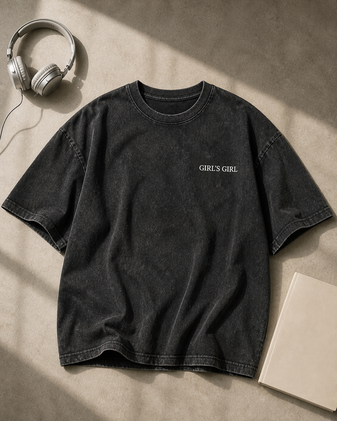 Washed black GIRL'S GIRL t-shirt laid flat on a warm sand-coloured surface beside cream headphones and a linen notebook.