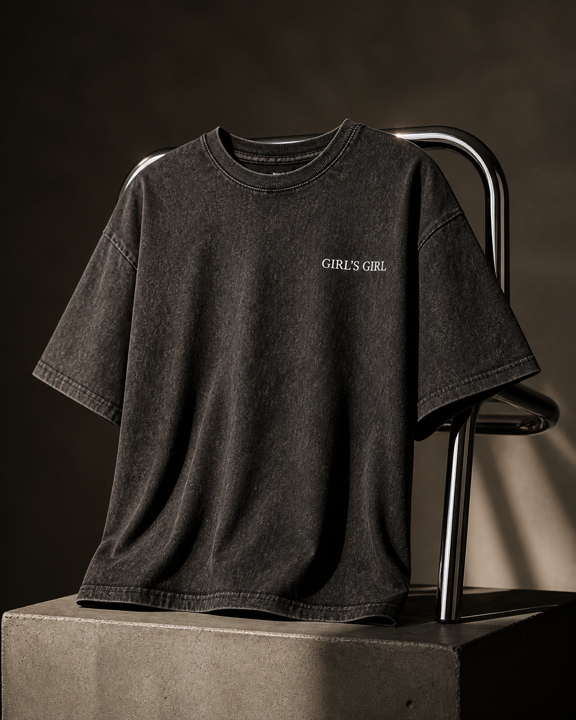 Washed black GIRL'S GIRL t-shirt draped over a chrome tubular chair on a concrete plinth, lit against a dark studio background.