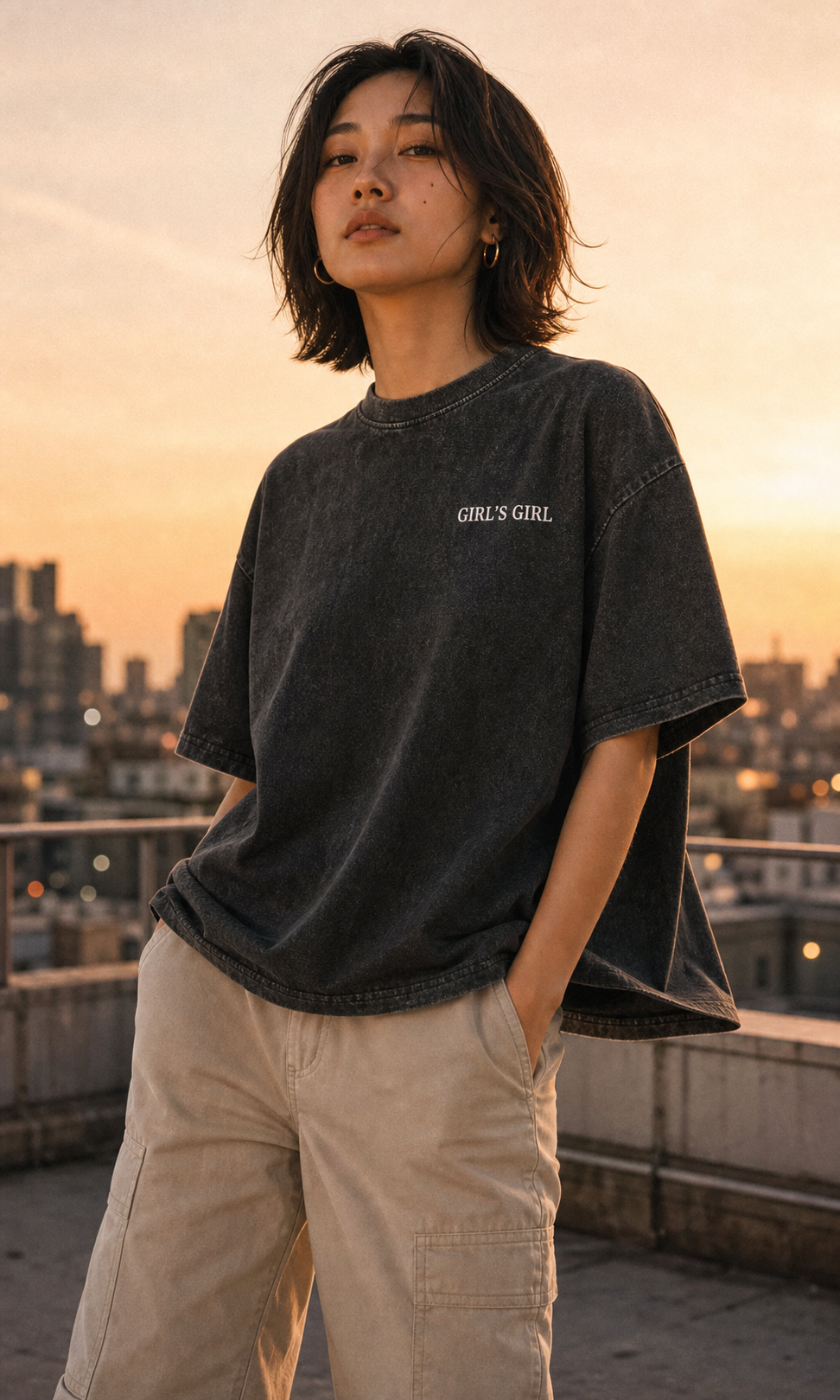 A woman on a rooftop at sunset wearing an oversized washed black GIRL'S GIRL t-shirt with beige cargo trousers, city skyline behind her.