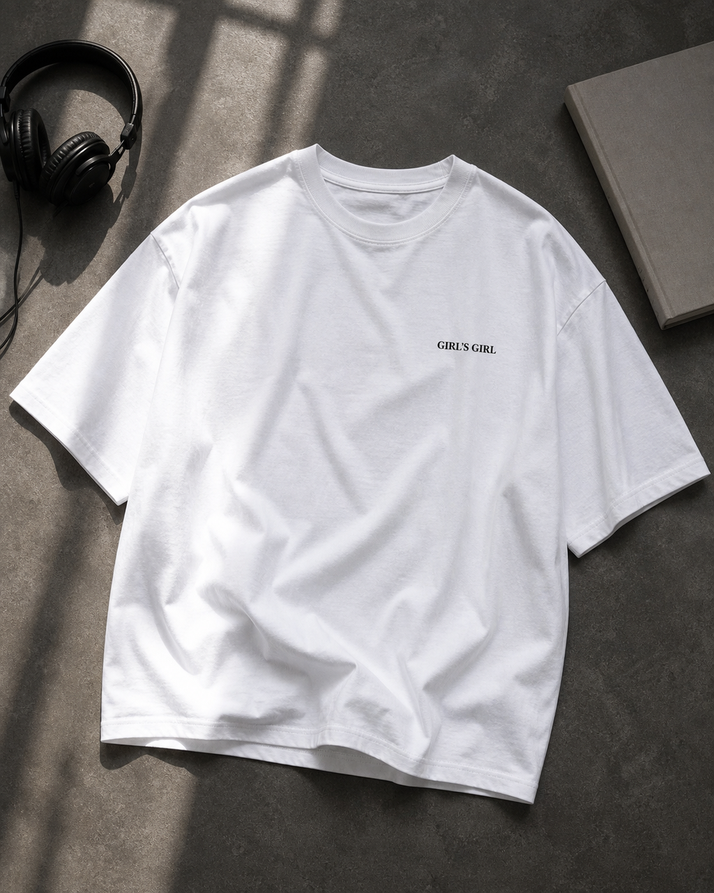 White GIRL'S GIRL t-shirt laid flat on a grey concrete surface beside black headphones and a grey notebook, in slatted sunlight.