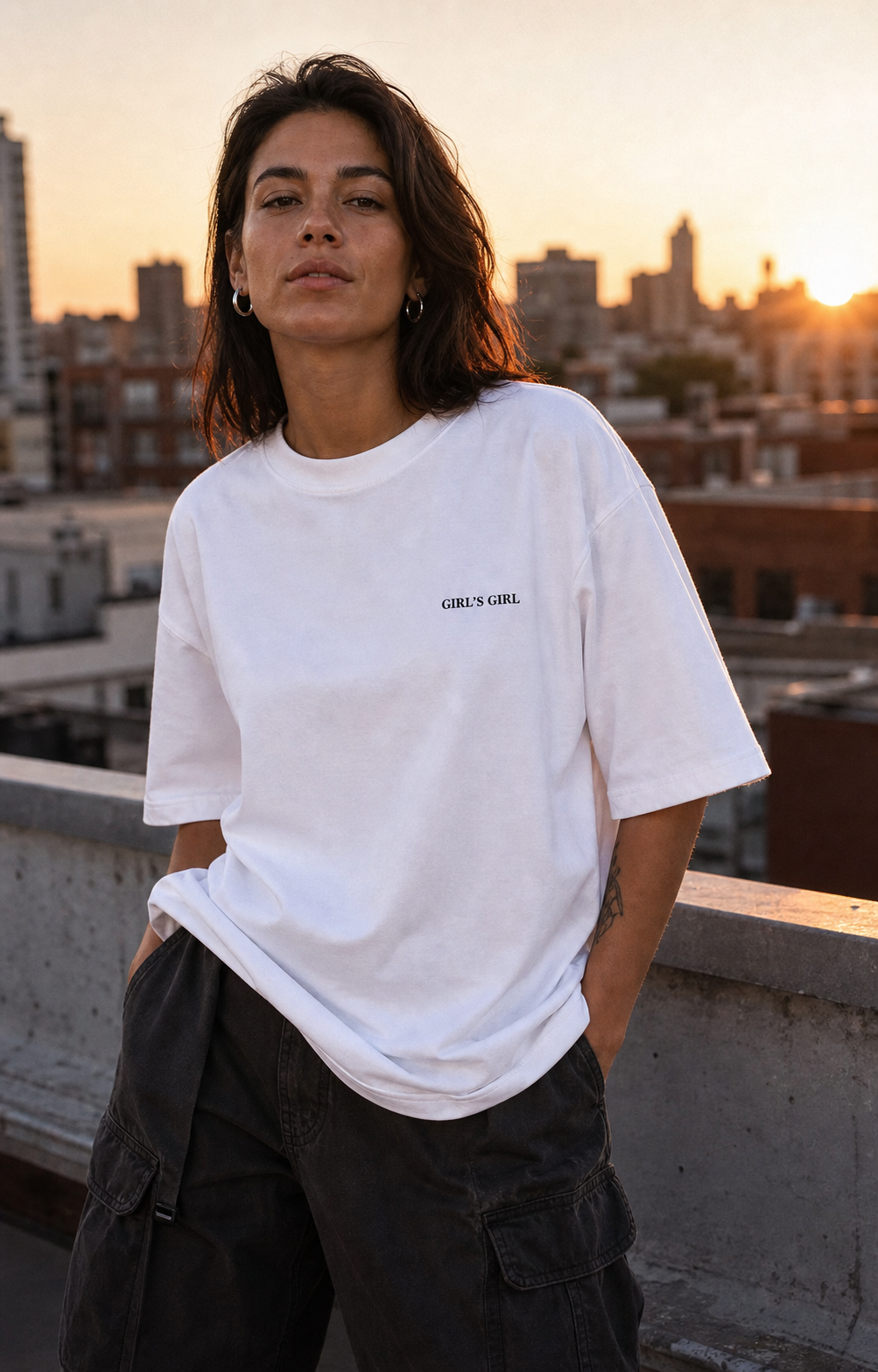 A woman on a rooftop at sunset wearing an oversized white GIRL'S GIRL t-shirt with faded black cargo trousers, city skyline behind her.