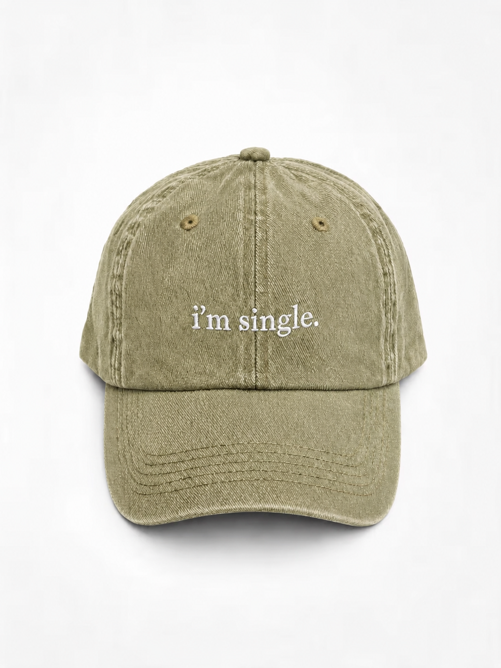 An olive green washed cotton baseball cap with the phrase 'i'm single.' embroidered in white script on the front, shown against a plain white background.