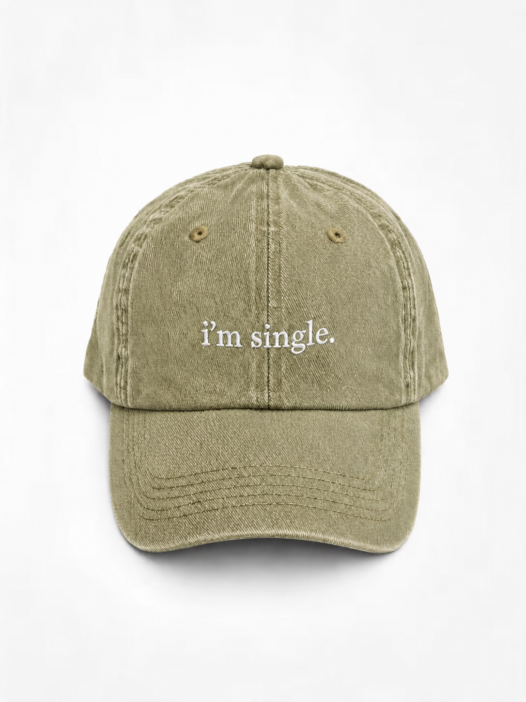 An olive green washed cotton baseball cap with the phrase 'i'm single.' embroidered in white script on the front, shown against a plain white background.