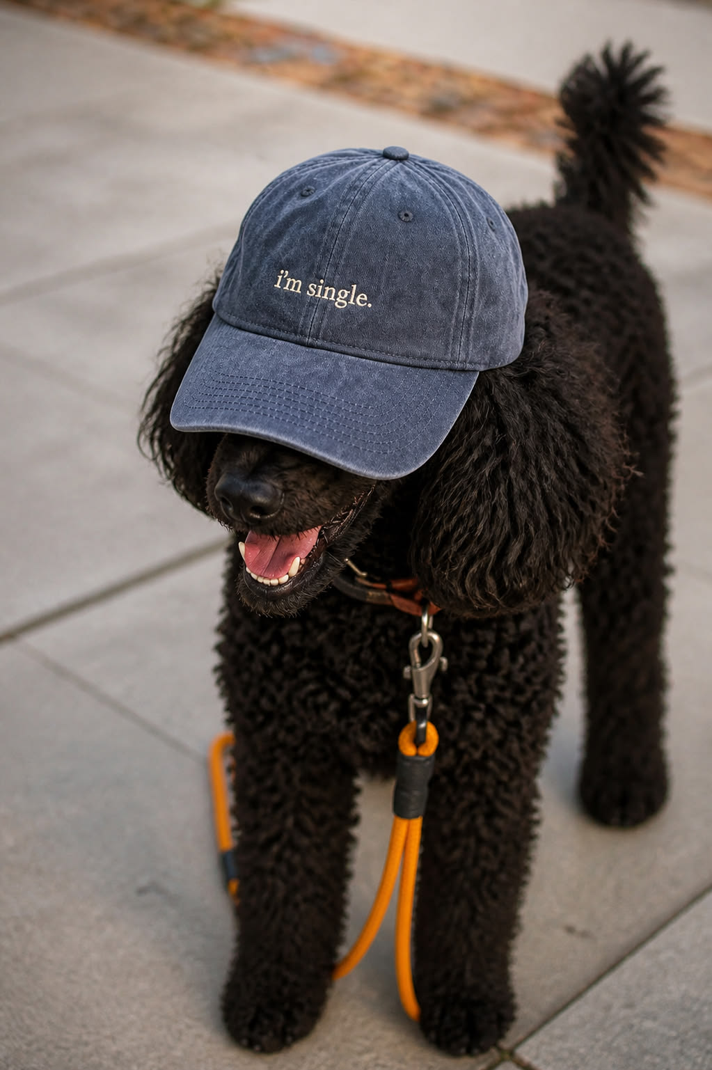 A black curly-haired dog wearing a navy blue baseball cap with the embroidered text 'I'm single.' and an orange leash, standing on a paved outdoor walkway.