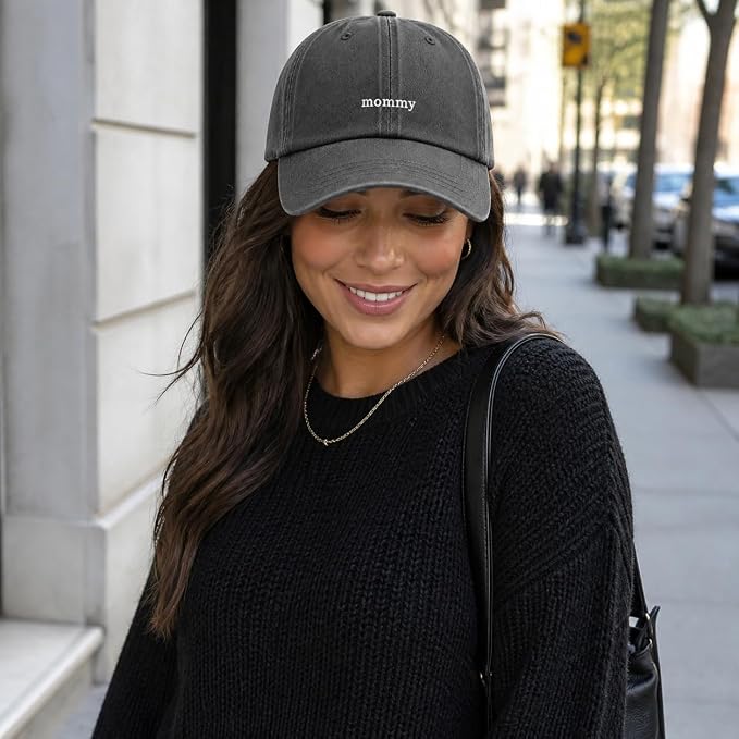 Mommy cap in black — washed cotton dad hat with “mommy” embroidered in white, product shot