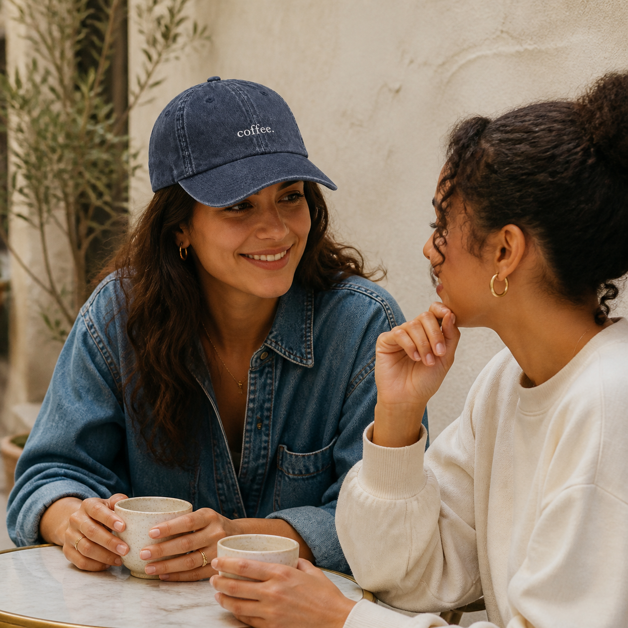Two friends talking over coffee at an outdoor cafe table, one wearing the washed navy 'coffee.' cap with a denim jacket.