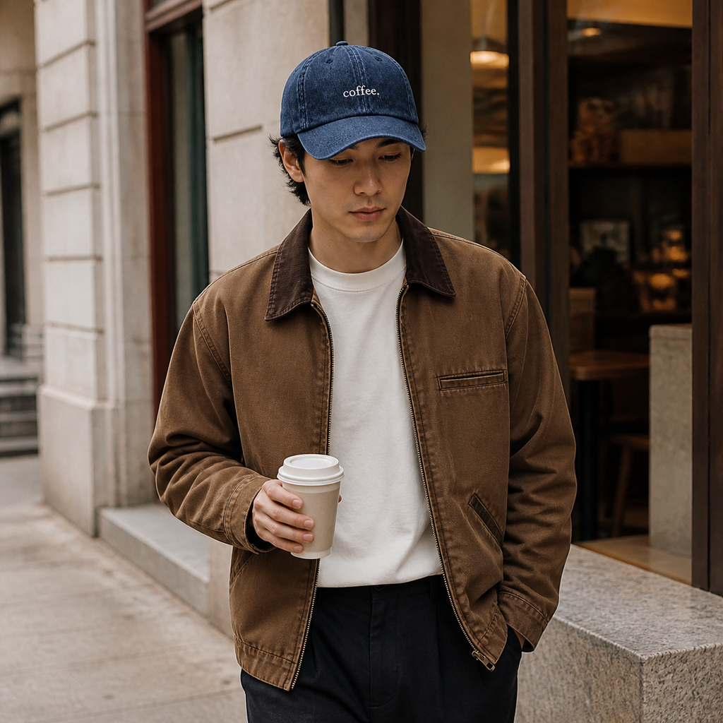 A man in a brown jacket wearing the washed navy 'coffee.' cap and carrying a takeaway coffee along a city street.