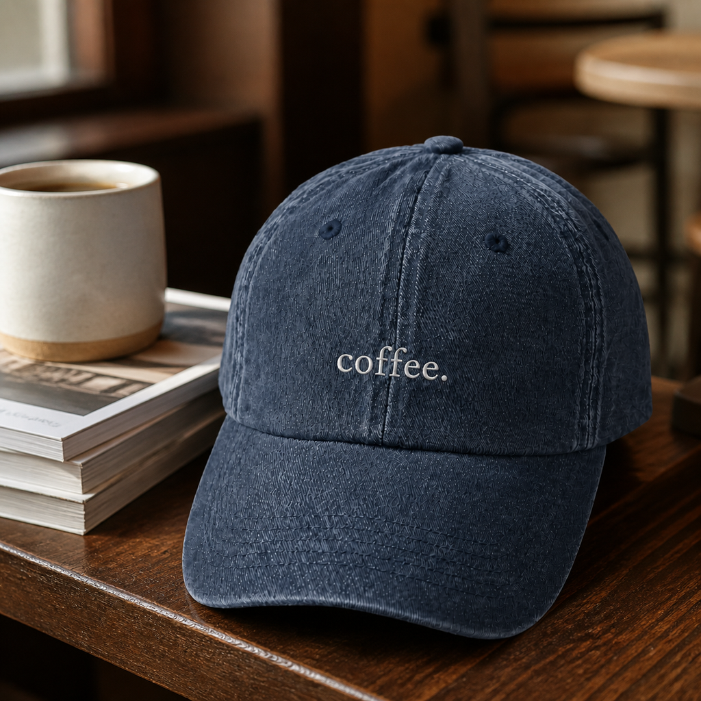 The washed navy 'coffee.' cap resting on a stack of magazines on a walnut table beside a mug of coffee.