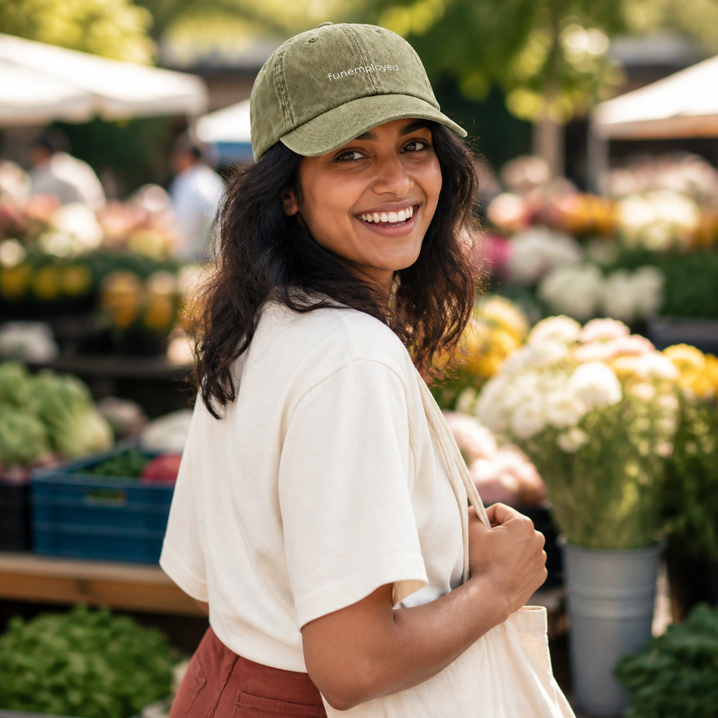 Funemployed cap in olive green — washed cotton dad hat with “funemployed” embroidered in white, worn