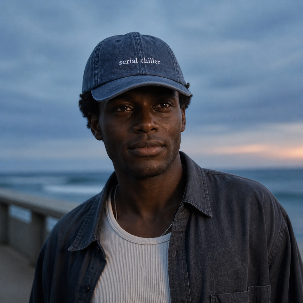 A person wearing a navy baseball cap embroidered with 'serial chiller' in white by the sea.