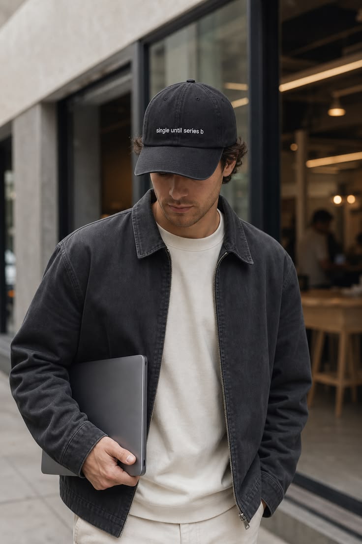 A man wearing a black baseball cap with white embroidered text, a dark charcoal jacket, and a cream t-shirt, holding a gray laptop in front of a modern building storefront.