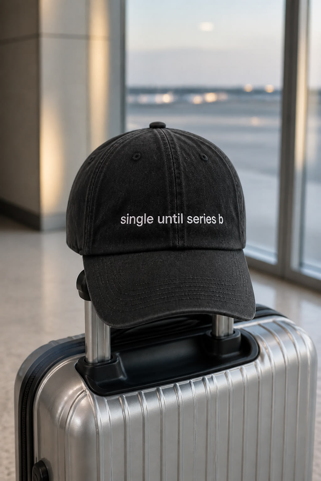 A black baseball cap with the phrase 'single until series b' embroidered in white across the front, resting on top of a silver hard-shell suitcase in an airport or travel setting with a window view in the background.