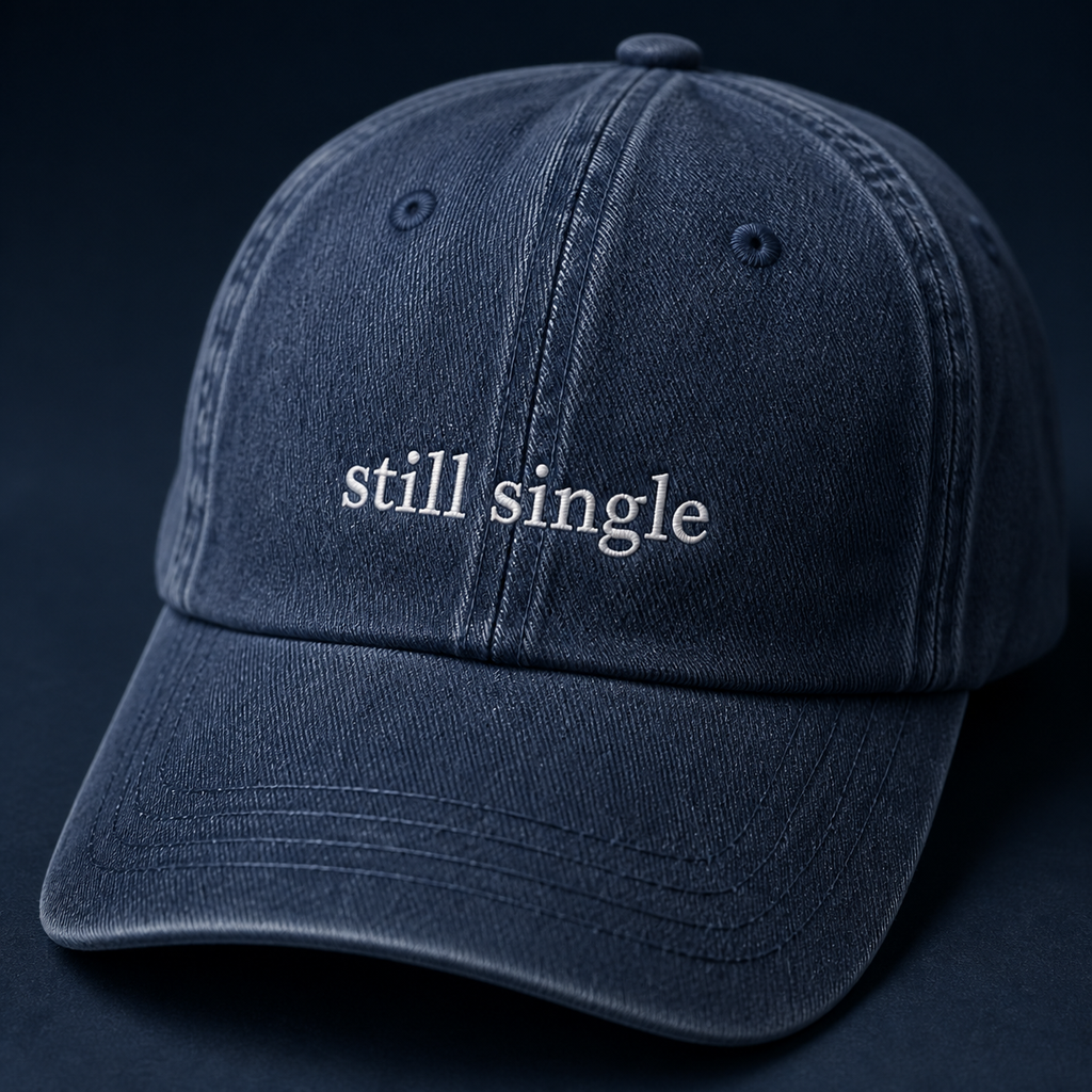 A navy baseball cap embroidered with 'still single' in white, shown from a third angle against a plain background.